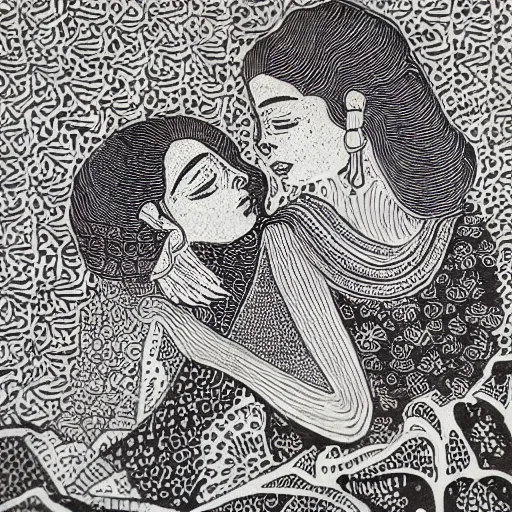 Prompt: lovers, detailed intricate block print, 4k, black ink on white paper