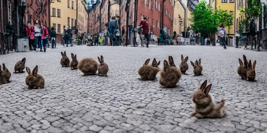 Prompt: a street in stockholm full of rabbits