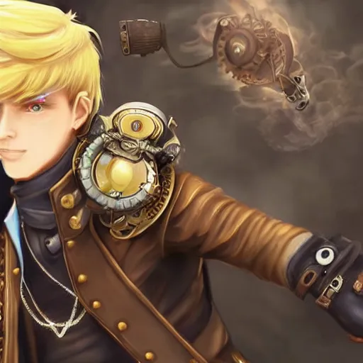 Image similar to A blonde boy wearing steampunk wristband that launches out a grapple using steam canisters, epic fantasy art style HD, SHINZOU WO SASAGEYO