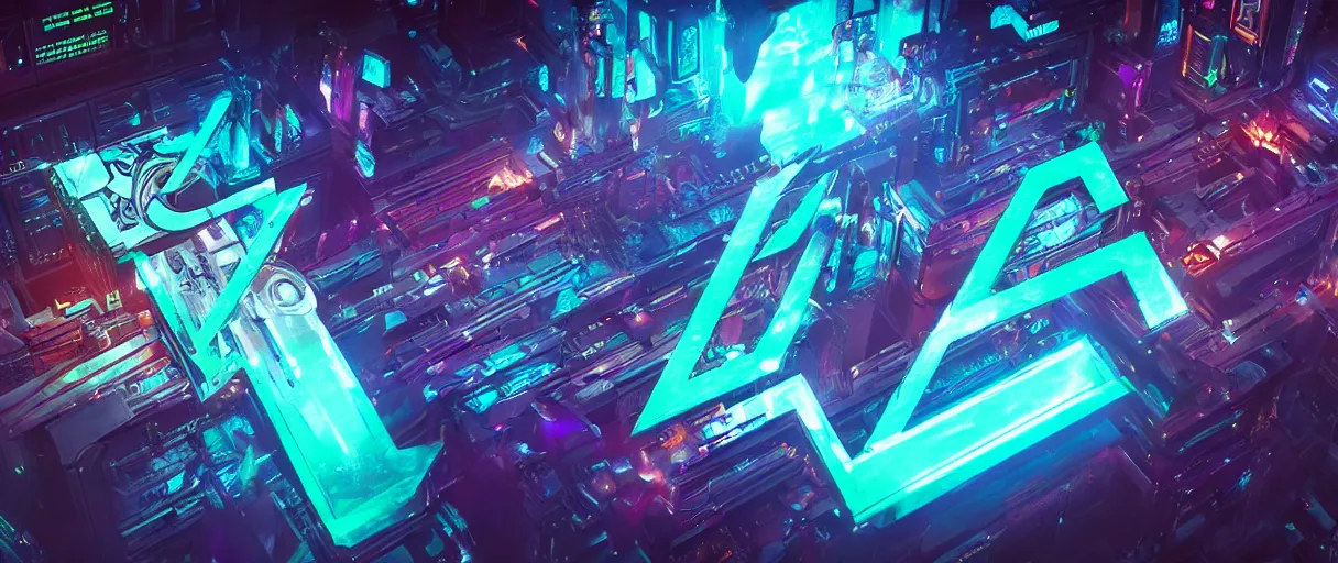 Image similar to cyberpunk holographic logo, futuristic, in the style of Pixar animation, low angle view, 16mm lens, award winning, hyper detailed, dramatic lighting, artstation, octane renderer, unreal engine