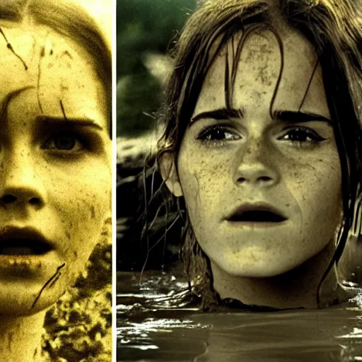 Image similar to film still, close up, emma watson rising out of muddy vietnam river, face covered in mud, low camera angle at water level, film still from apocalypse now ( 1 9 7 9 ), 2 6 mm,