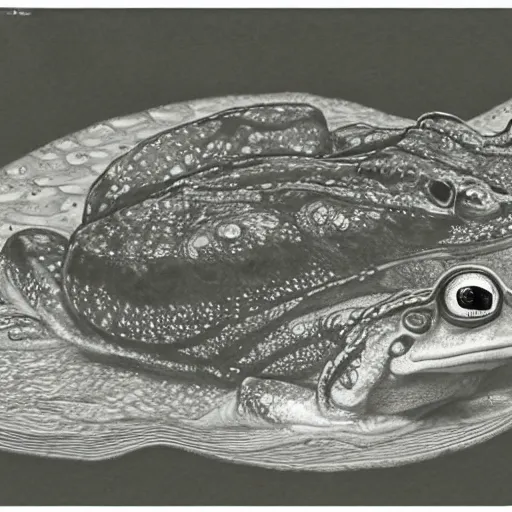 Prompt: giant frog in the lake, panoramic, pencil drawing