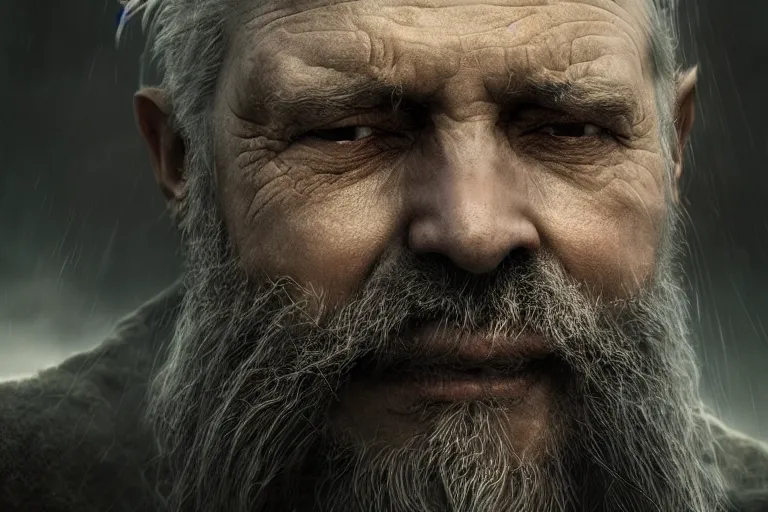 Image similar to an ultra realistic cinematic close up headshot portrait of an evil wizard, background of a vast serene landscape with trees and rivers, detailed, deep focus, movie still, dramatic lighting, ray tracing, by michal karcz and yoshitaka amano