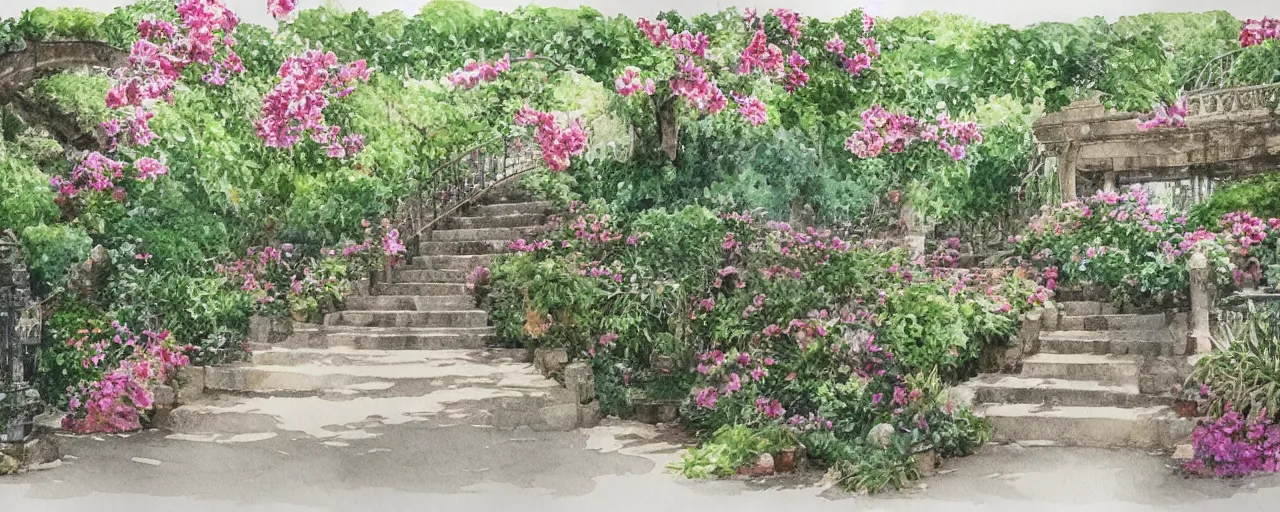 Prompt: isomeric view, stairway, delicate water in a botanic garden, garden road, sparrows, temple in a botanical herbarium paper, watercolor colored painting, iridescent colors, 8 k, realistic shaded, fine details, artstation, italian style, colonnade, flowers, architecture, roma