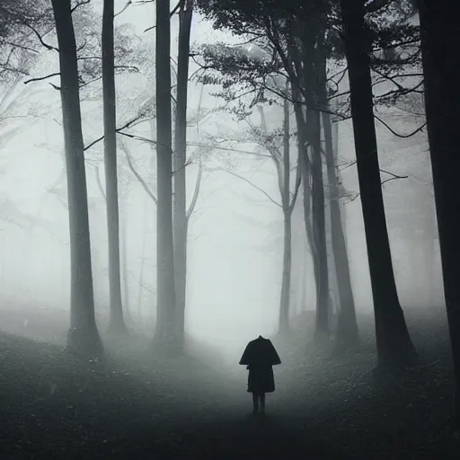 Image similar to a samurai walks alone through the woods at night, gloomy, dark, foggy, night, ominous, dark color, atmospheric, cinematic lighting, intricate detail?