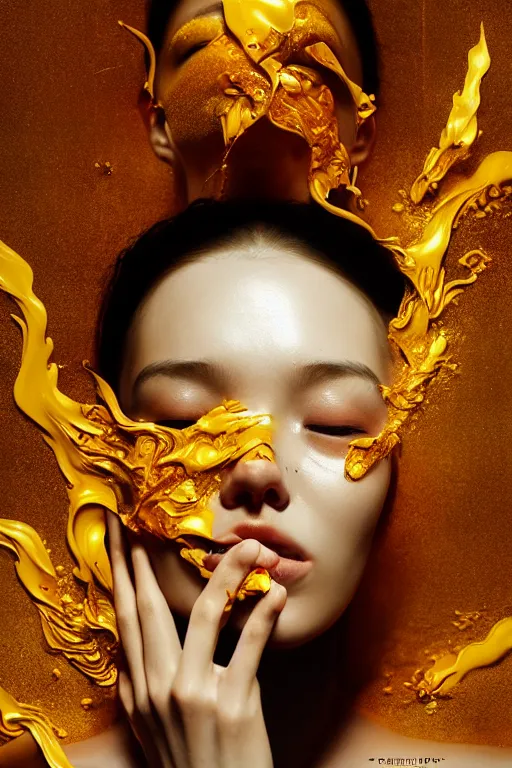 Prompt: 3 d, crying fashion model, flame, liquid gold, morning, vogue cover style, poster art, high detail, intricate oil painting, multiple exposure, heaven mood, hyperrealism, 3 d, by tooth wu and wlop and beeple and greg rutkowski