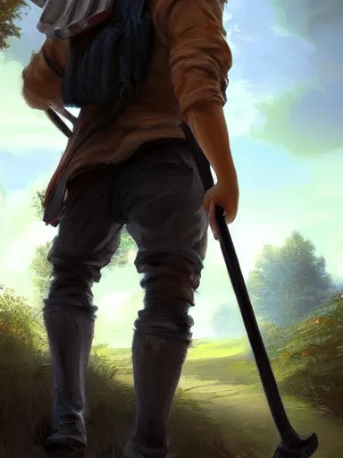 Prompt: a youthful handsome man walking in a rural area holding a staff. intricate, elegant, highly detailed, digital painting, artstation, concept art, sharp focus, illustration, by justin gerard and artgerm, 8 k