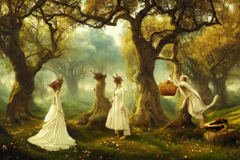 Image similar to landscape, trees with crowns made of popcorn popcorn popcorn , surreal by Tom Bagshaw, Ivan Shishkin, Hans Thoma, Asher Brown Durand