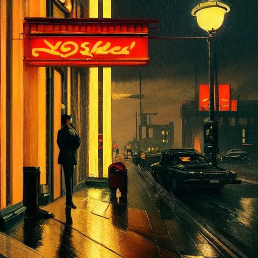 Image similar to A yorkie at night in the world of Edward Hopper, stormy snowy weather, streetlights, extremely detailed masterpiece, oil on canvas, low-key neon lighting, artstation, Blade Runner 2049, Roger Deakin’s cinematography, by J. C. Leyendecker and Peter Paul Rubens,