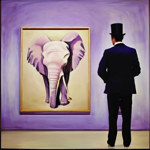 Image similar to in an art gallery, there is a huge painting of an elephant by marlene dumas. a man in a top hat and a suit is looking up at the painting. cgsociety, surrealism, surrealist, dystopian art, purple color scheme