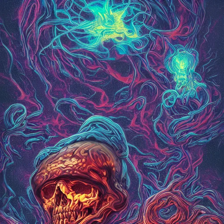 Image similar to a giant skull with deep and intricate rune carvings and glowing eyes with thick lovecraftian tentacles emerging from a space nebula by dan mumford, twirling smoke trail, a twisting vortex of dying galaxies, digital art, photorealistic, vivid colors, highly detailed, intricate