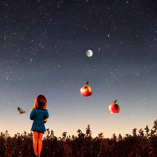 Prompt: little girl with brown hair, looking away and up towards the moon, standing in an apple orchard, magical, heartwarming, clear night sky, one moon