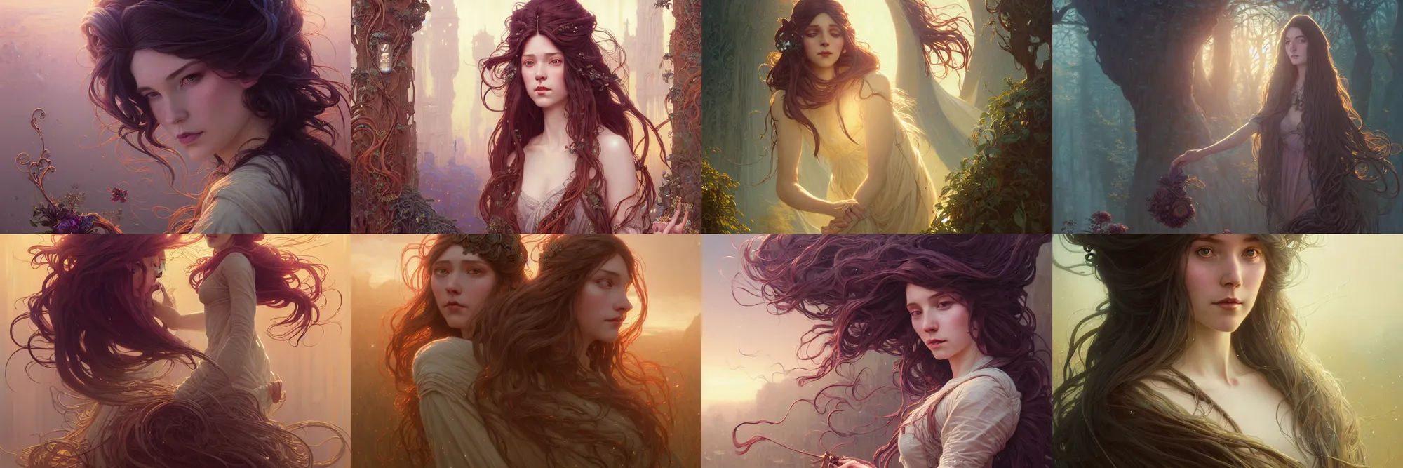 Image similar to highly detailed portrait of a woman with long hairs, stephen bliss, unreal engine, fantasy art by greg rutkowski, art nouveau, loish, rhads, ferdinand knab, makoto shinkai and lois van baarle, ilya kuvshinov, rossdraws, tom bagshaw, alphonse mucha, global illumination, radiant light, detailed and intricate environment