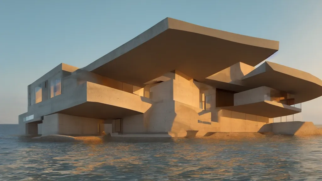 Prompt: modern concrete house built in the ocean, futuristic accents, golden hour, 4 k, built by frank lloyd wright, concept art