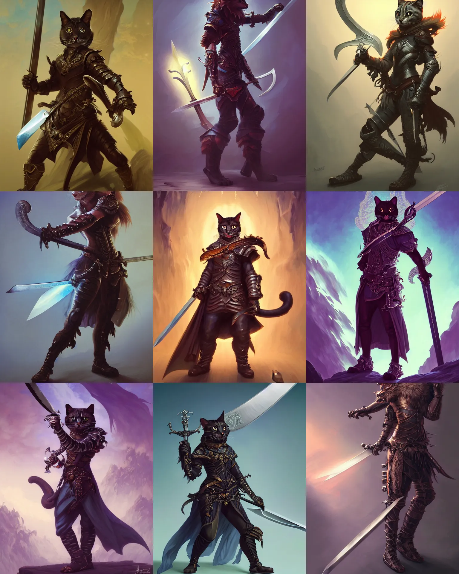 Prompt: an anthropomorphic cat weared as a badass hack'n - slash game character, standing with sword in hand, in fantasy dungeon, vaporwave, bedroom, highly detailed, digital painting, artstation, concept art, smooth, sharp focus, illustration, art by artgerm and greg rutkowski and alphonse mucha