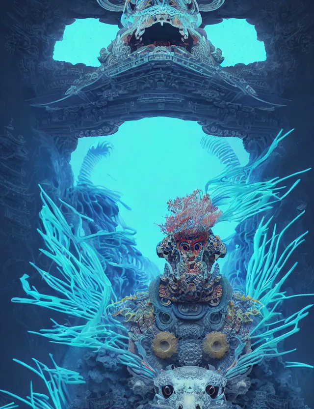 Prompt: 3 d liminal space abandoned temple frontal portrait with ram skull. beautiful intricately detailed japanese crow kitsune mask and clasical japanese kimono. betta fish, jellyfish phoenix, bio luminescent, plasma, ice, water, wind, creature, artwork by tooth wu and wlop and beeple and greg rutkowski