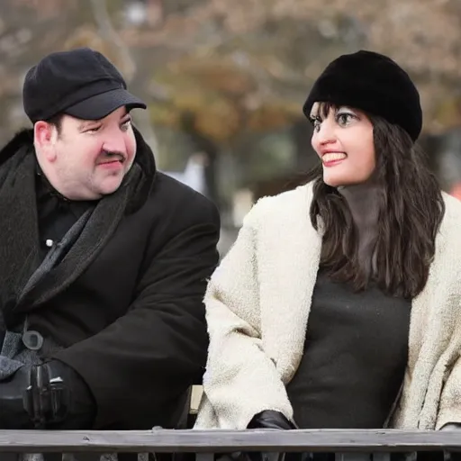 Image similar to Kevin Malone wearing a black ushanka hat and black wool overcoat sitting on a park bench during the winter