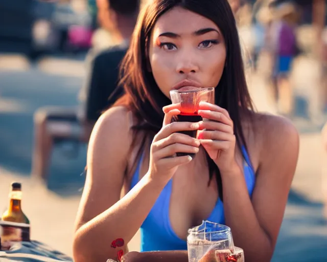 Image similar to an over-heated young woman serving people alcohol under the hot sun, photograph, 4k UHD