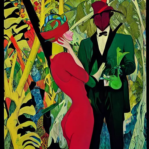 Image similar to art by joshua middleton, the creeper, a tall manically smiling yellow - skinned man with green and black striped trunks and wearing a red feather boa, mucha, kandinsky, poster, comic art, stylised design