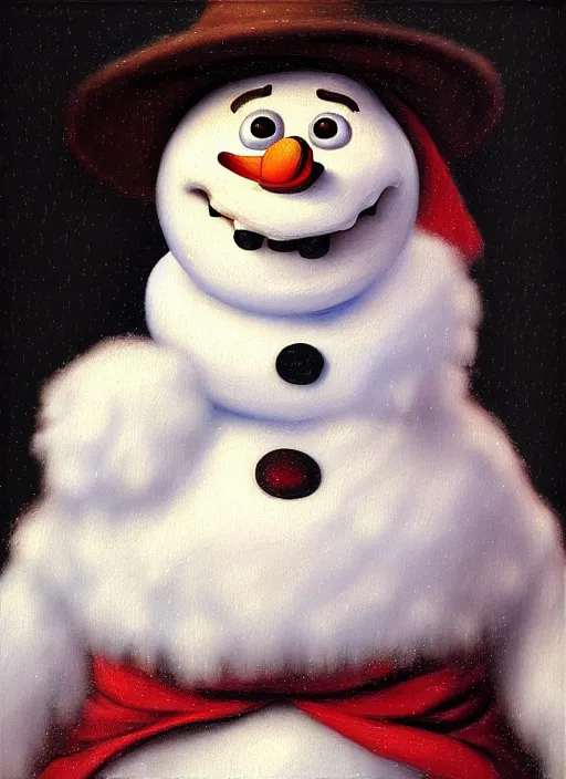 Prompt: a masterwork chiaroscuro oil painting portrait of adorable symmetric snowman olaf from disneys frozen in the style of a renaissance painting, insane detail, jan matejko, jan van eyck, trending on artstation, artgerm