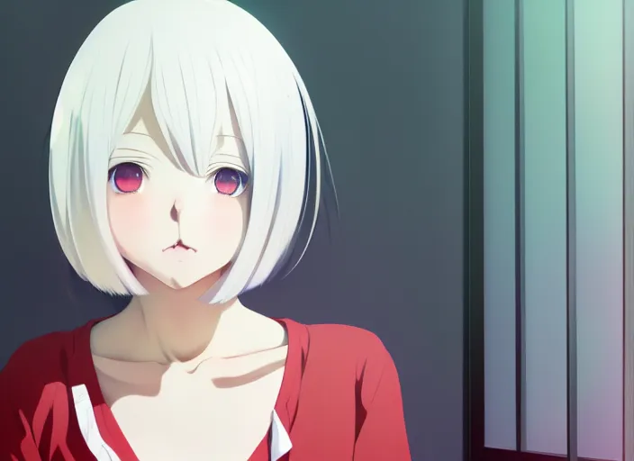 Image similar to anime visual, portrait of a white haired cute girl with red eye in her interior room, cute face by ilya kuvshinov, yoshinari yoh, makoto shinkai, katsura masakazu, dynamic perspective pose, detailed facial features, kyoani, rounded eyes, crisp and sharp, cel shad, anime poster, ambient light