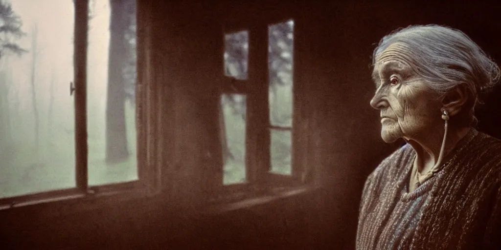 Image similar to portrait bust of old woman, solemn expression, faded color film, russian cinema, tarkovsky, kodachrome, inside old cabin, next to window, heavy forest outside, long brown hair, old clothing, heavy fog, blue hour, hudson river school, 4 k, dramatic lighting, greg rutkowski