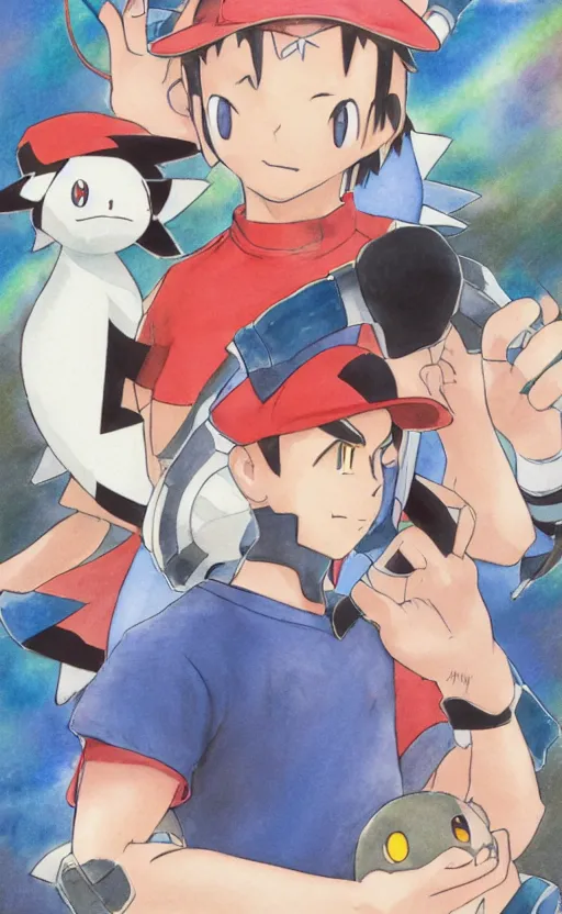 Prompt: portrait of trainer and his pokemon, battling in stadium, symmetrical face features, by sugimori ken, watercolors, old concept art, front game card, highly detailed, smooth, safebooru, sharp focus, backlit