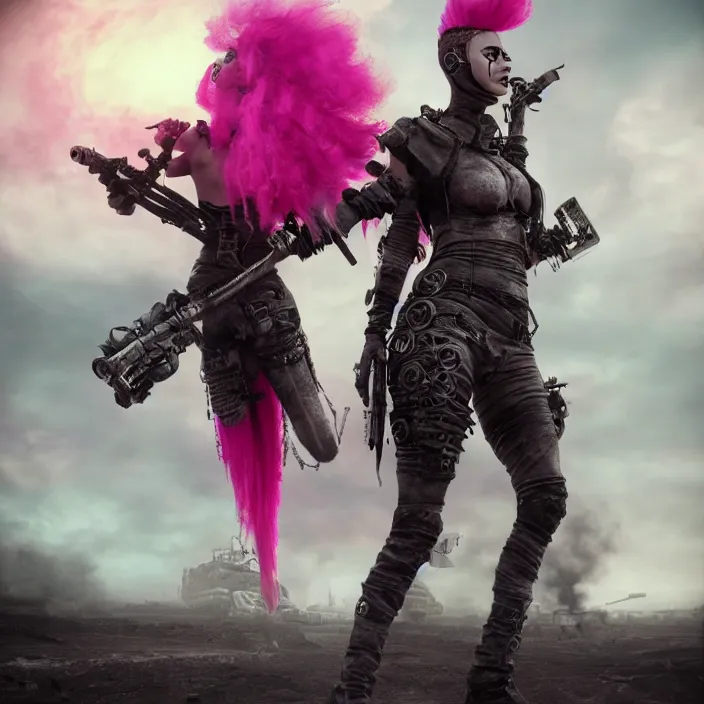 Prompt: beautiful apocalyptic woman with pink Mohawk, standing on mad max panzer tank, 4k ultra hd, fantasy dark art, smooth, artstation, octane render