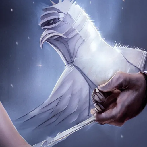 Image similar to armored knight hold a luminance white bird on outstretched hand carefully, atmospheric, concept art