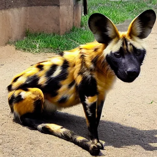 Image similar to Look at this african painted dog with his huge radar ears- positively fluffsome all around and no doubt prone to rambunctiousness. I suspect he is to be engaged in mischief soon.