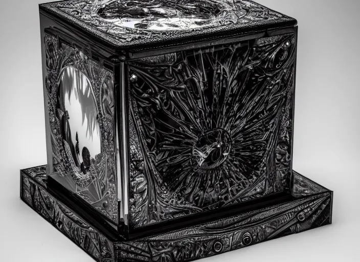 Image similar to reflective crystal box with horrors inside. Fantasy horror style. Highly detailed 8k. Intricate. Nikon d850 55mm. Award winning photography.