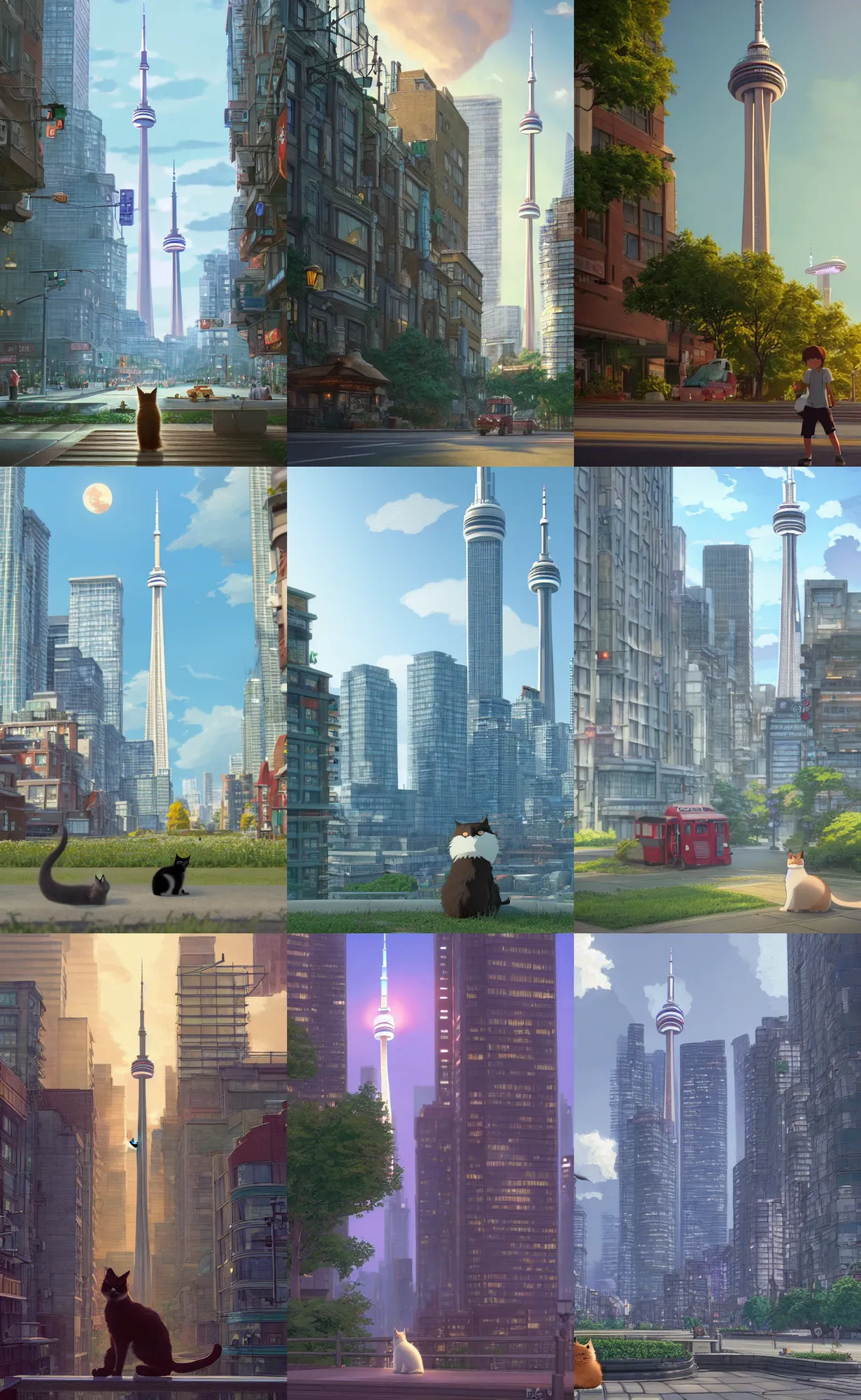 Prompt: a wholesome illustration of a cat in Toronto with CN Tower and yonge street Dundas Square, studio Ghibli, Pixar and Disney animation, sharp, Rendered in Redshift and Unreal Engine 5 by Greg Rutkowski, Bloom, dramatic lighting