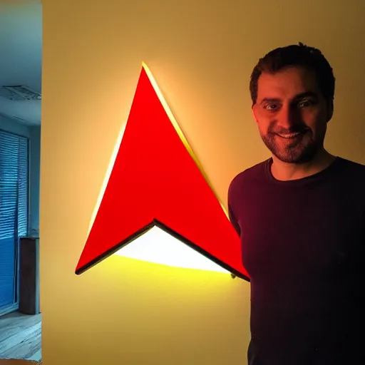 Image similar to a daytrader named jay standing proudly in front of triangular nanoleaf led lights on his wall