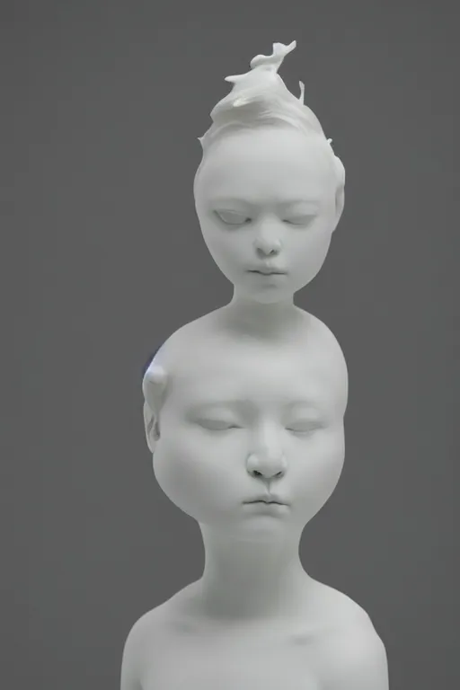 Image similar to full head and shoulders, beautiful female porcelain sculpture by daniel arsham and raoul marks, smooth, all white features on a white background, delicate facial features, white eyes, white lashes, detailed white, the head is split open like an egg, gold paint flows out