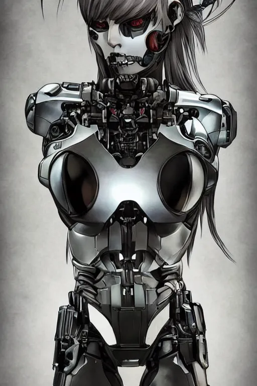 Prompt: full body illustration!! a female cyborg with hollow skull eyes, very symmetrical face!! highly detailed, by yoji shinkawa, by kenny carmody, by ryouta otsuka, by hideyuki ashizawa, by marc nagel, by arknect metal gear solid, transformers cinematic universe, deviantart, artstation, pinterest, unreal engine