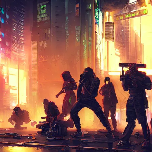 Image similar to angry cyberpunk rioters, detailed digital illustration by greg rutkowski, android netrunner