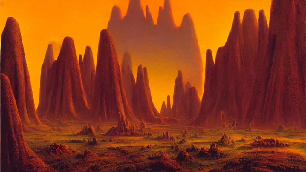 Image similar to mysterious monuments of an alien civilization by paul lehr and john schoenherr, cinematic matte painting