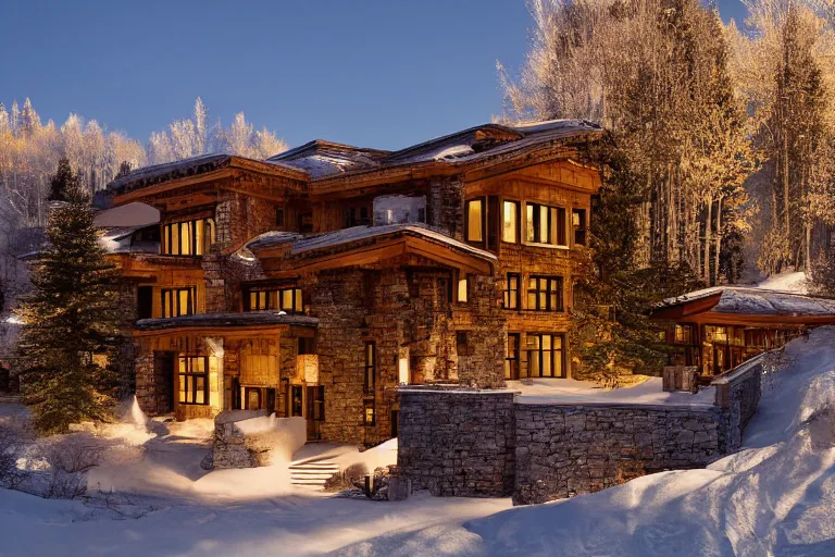 Prompt: a beautiful modern stone mansion in Aspen, golden hour, gentle snow, sunbeams, volumetric lighting, by Emmanuel Lubezki