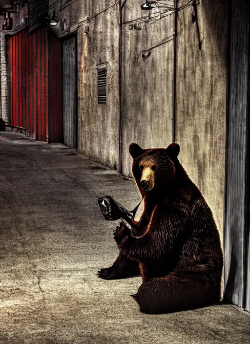 Image similar to bear man waiting in a dark alley, 8k resolution, high detail, reflections, post processing