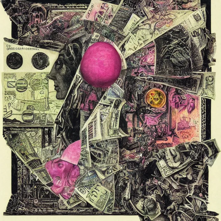 Image similar to post - punk new age album cover, asymmetrical design, dollar bank notes, capitalism, magic, apocalypse, psychedelic, black white pink, highly detailed, magic, giger h. r., giuseppe arcimboldo