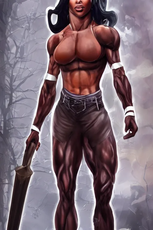 Prompt: realistic photograph. fantasy ranger. imposingly tall, broadshouldered, jacked muscular woman. hair has white stripe white streak in hair over left ear. half black half arab. dark skin. face like kendall jenner, dark complexion. modest practical soft brown leather clothing. fully dressed. massively jacked physique. in her 3 0's. ranger. female. clothed.