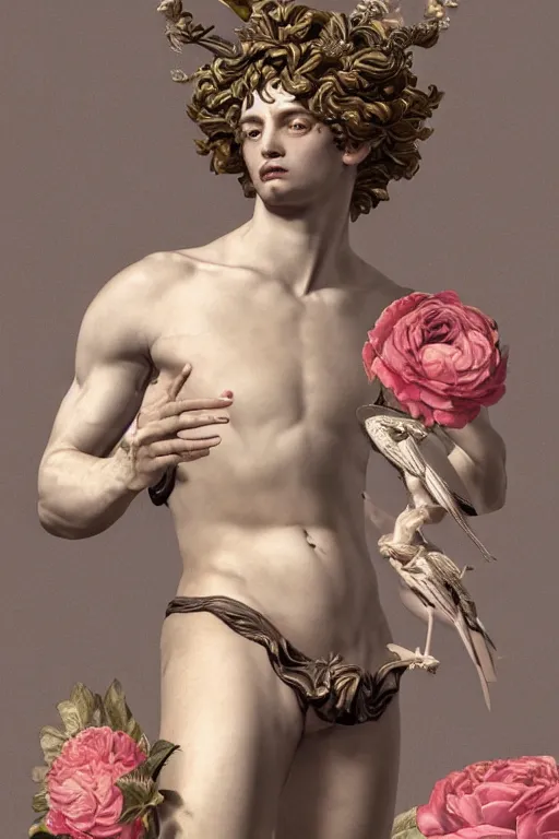 Image similar to a young handsome Spanish prince in a full-body bronze baroque statue of Icarus posed seductively, crown of peach roses, flowing pink-colored silk, fabric, flowers. baroque elements, human skull. full-length view. baroque element. intricate artwork by caravaggio. many many birds birds on background. Trending on artstation, octane render, cinematic lighting from the right, hyper realism, octane render, 8k, depth of field, 3D