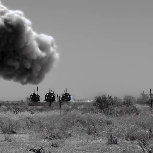 Image similar to combat drone strike war footage, black and white, high contrast, green overlay, nuclear cloud