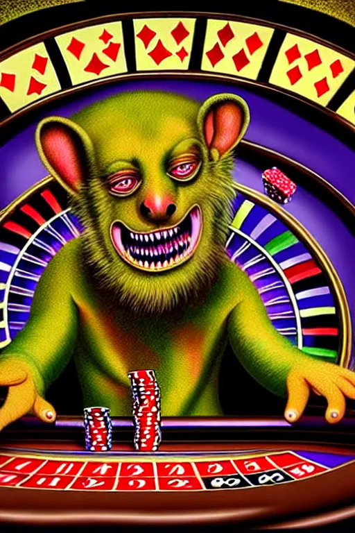 Image similar to a hyperrealistic painting of a chimeric creature playing roulette at the casino, cinematic horror by chris cunningham, lisa frank, richard corben, highly detailed, vivid color,