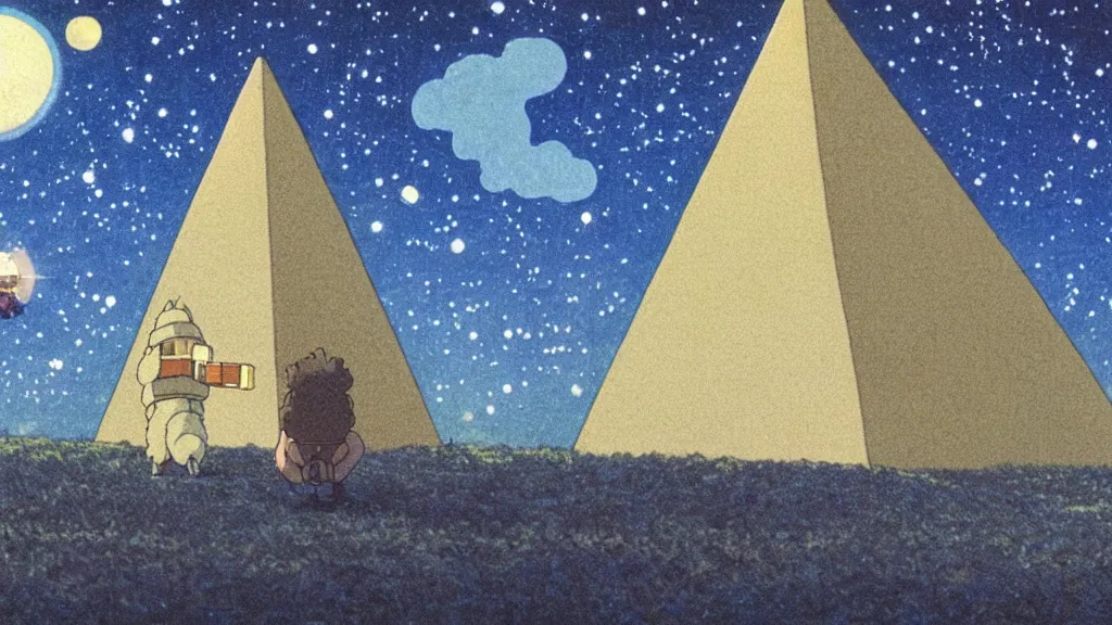 Prompt: a movie still from a studio ghibli film showing a large white pyramid and a golden ufo on a misty and starry night. by studio ghibli