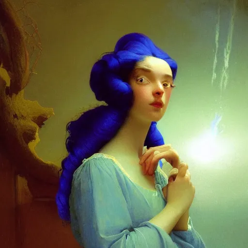 Image similar to a young woman's face, her hair is gold and she wears an cobalt blue satin cloak, by ivan aivazovsky and syd mead and moebius and gaston bussiere and roger dean and pieter claesz and paul delaroche and alma tadema and aelbert cuyp and jan eyck, hyperrealistic, volumetric light, octane render