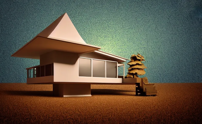 Prompt: one single stand alone huge hyperdetailed minimalist home, seen from the long distance, at night. in a wood made of paper and plastics. maximalist unexpected elements. free sky in plain natural warm tones. 8 x 1 6 k hd mixed media 3 d collage in the style of a childrenbook illustration in pastel tones. matte matte background. no frame hd