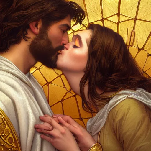 Image similar to jesus kissing a sensual woman in jerusalem, elegant, highly detailed, digital painting, artstation, concept art, matte, sharp focus, highly detailed, 4 k, hdr, smooth, sharp focus, high resolution, award - winning photo, photorealistic, art by artgerm and greg rutkowski and alphonse mucha, large shot