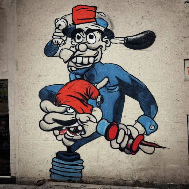 Prompt: Street-art portrait of Popeye the Sailor with huge forearms with two anchor tattoos, skinny upper arms, and corncob pipe. in style of Edward Hopper, comic character, photorealism