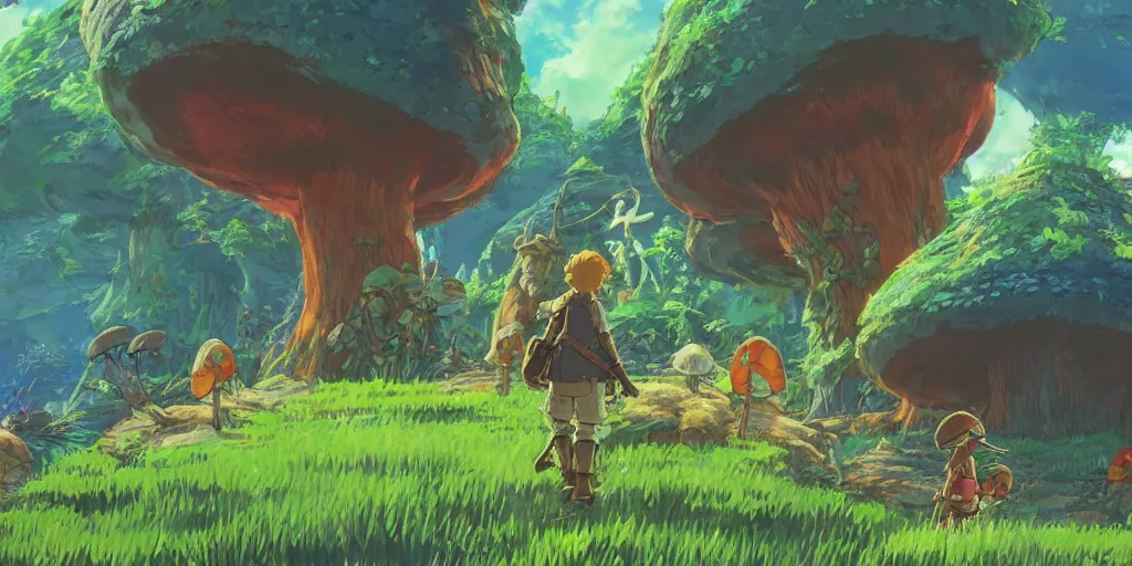 Image similar to epic mushrooms, vivid tones, wide angle, by miyazaki, nausicaa, studio ghibli, breath of the wild